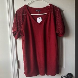 Women's Lace Short Sleeve V Neck Loose Casual Top  Shirt - Brick Red - Size XL